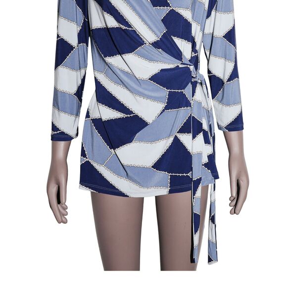 Anne Klein Patchwork Print V-Neck Tie Waist Blouse Boho Retro Medium - Picture 4 of 4